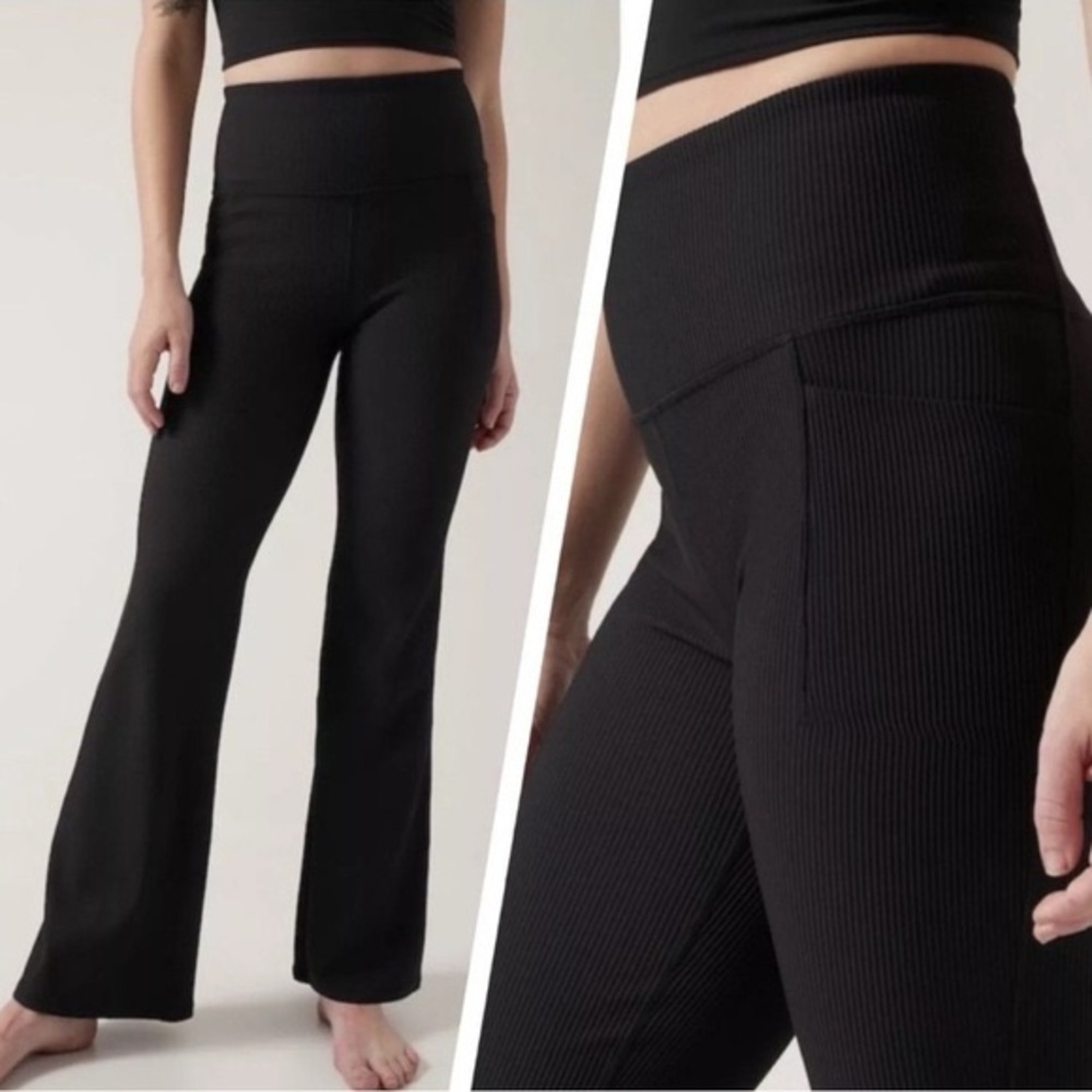 Athleta Salutation Stash Rib Flare Pants In Black High Rise Stretch Yoga Size XS